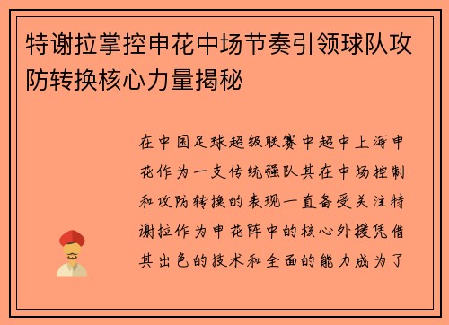 特谢拉掌控申花中场节奏引领球队攻防转换核心力量揭秘 特谢拉掌控申花中场节奏引领球队攻防转换核心力量揭秘